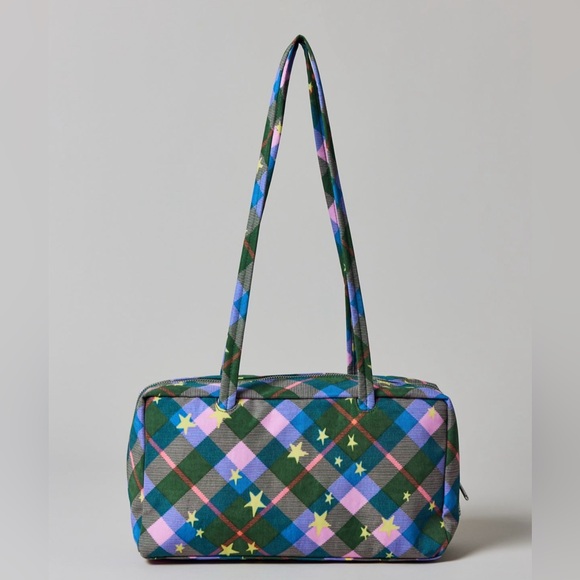 NWT BAGGU Nylon Bowler Bag Green Star Plaid - Picture 2 of 11